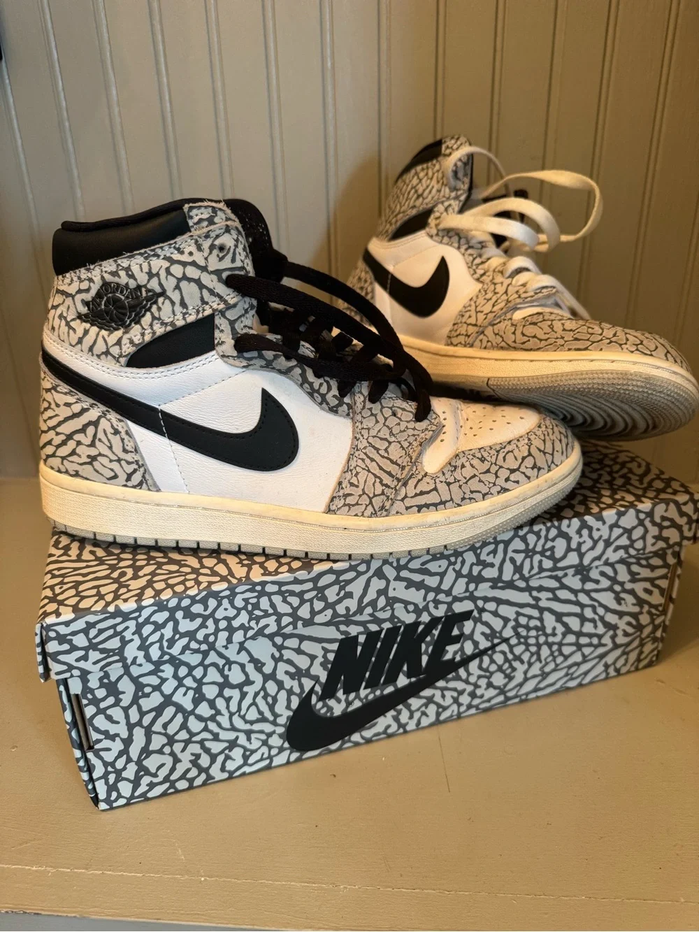 Nike Air Jordan 1 High Top Sneakers - White, Black & Elephant Print